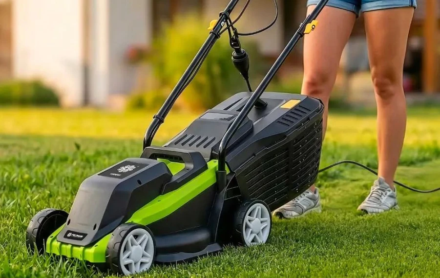 Elektrická, benzínová a akumulátorová kosačka na trávu v záhrade